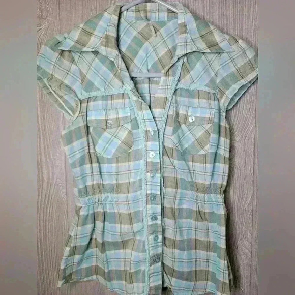 Y2K Max Love khaki and blue striped blouse size small. - Picture 1 of 3